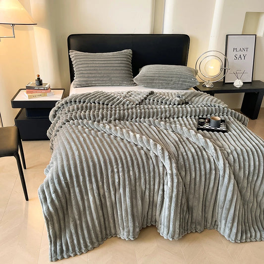 Solid color thickened wide striped multifunctional blanket