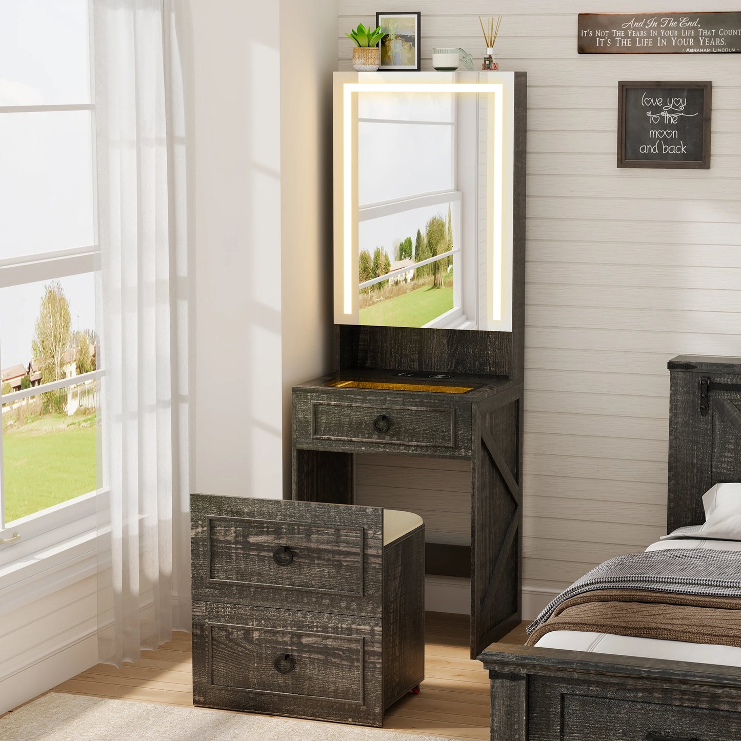 Small Compact Makeup Vanity Set with Hidden Storage Stool