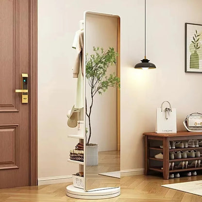 Rotating Full Length Mirror with Coat Rack Hooks and Shelves