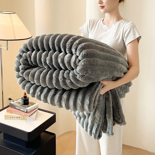 Solid color thickened wide striped multifunctional blanket