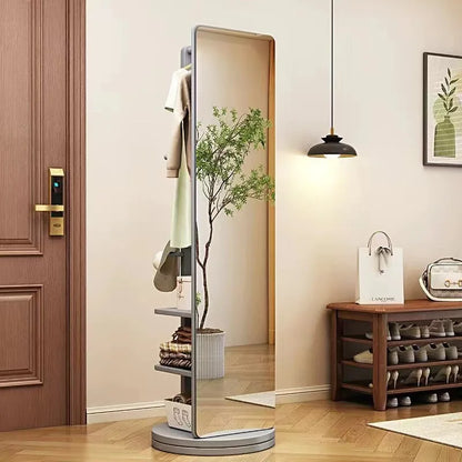 Rotating Full Length Mirror with Coat Rack Hooks and Shelves