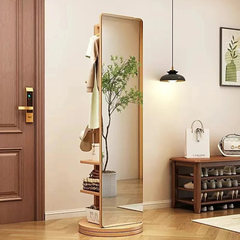 Rotating Full Length Mirror with Coat Rack Hooks and Shelves