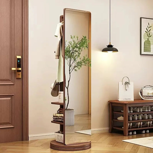 Rotating Full Length Mirror with Coat Rack Hooks and Shelves