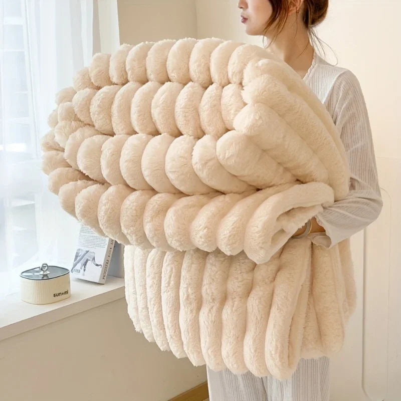 Solid color thickened wide striped multifunctional blanket