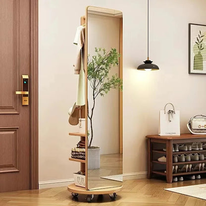 Rotating Full Length Mirror with Coat Rack Hooks and Shelves