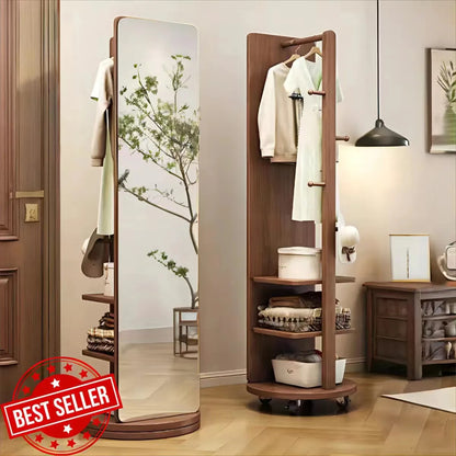 Rotating Full Length Mirror with Coat Rack Hooks and Shelves