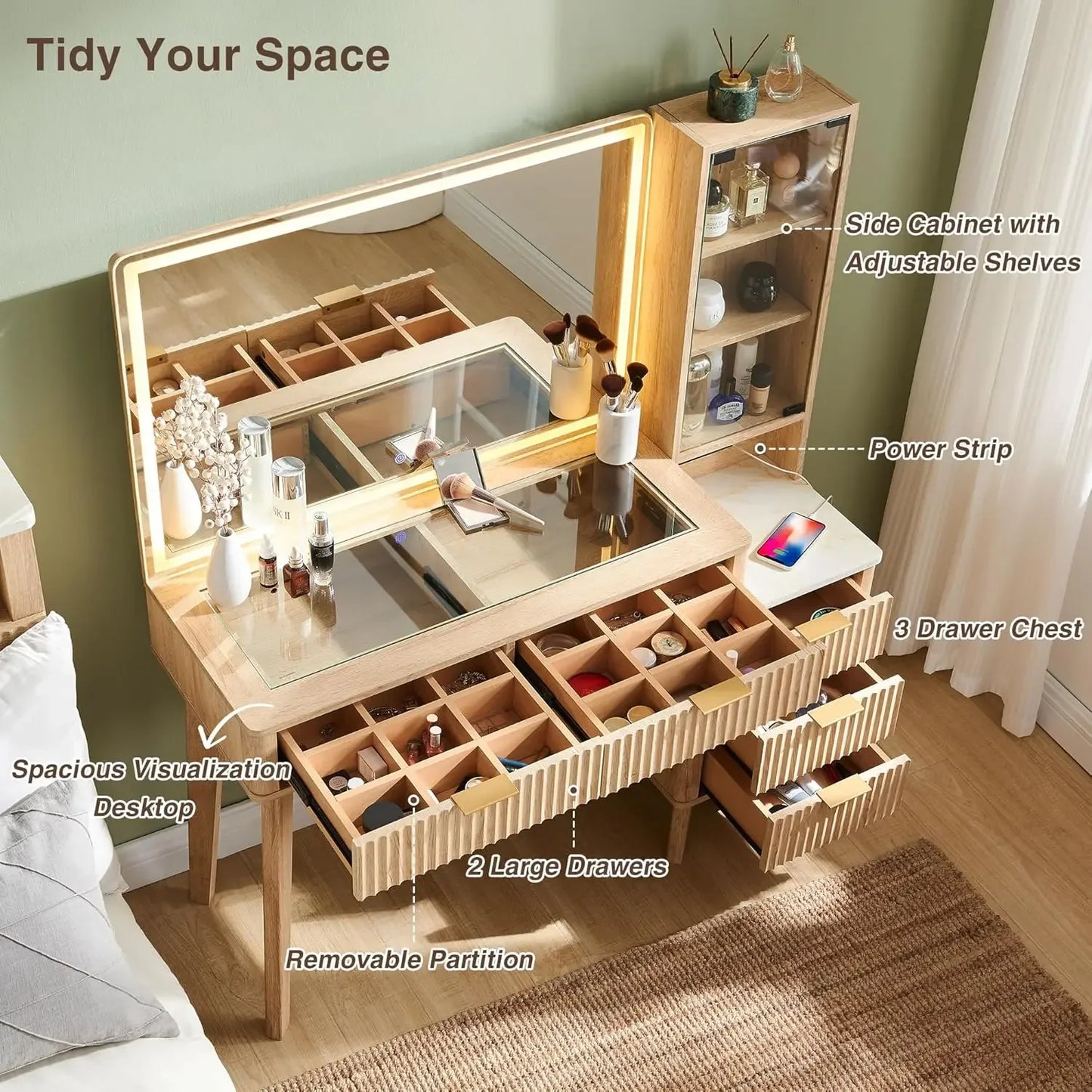 48" Modern Fluted Makeup Vanity Desk