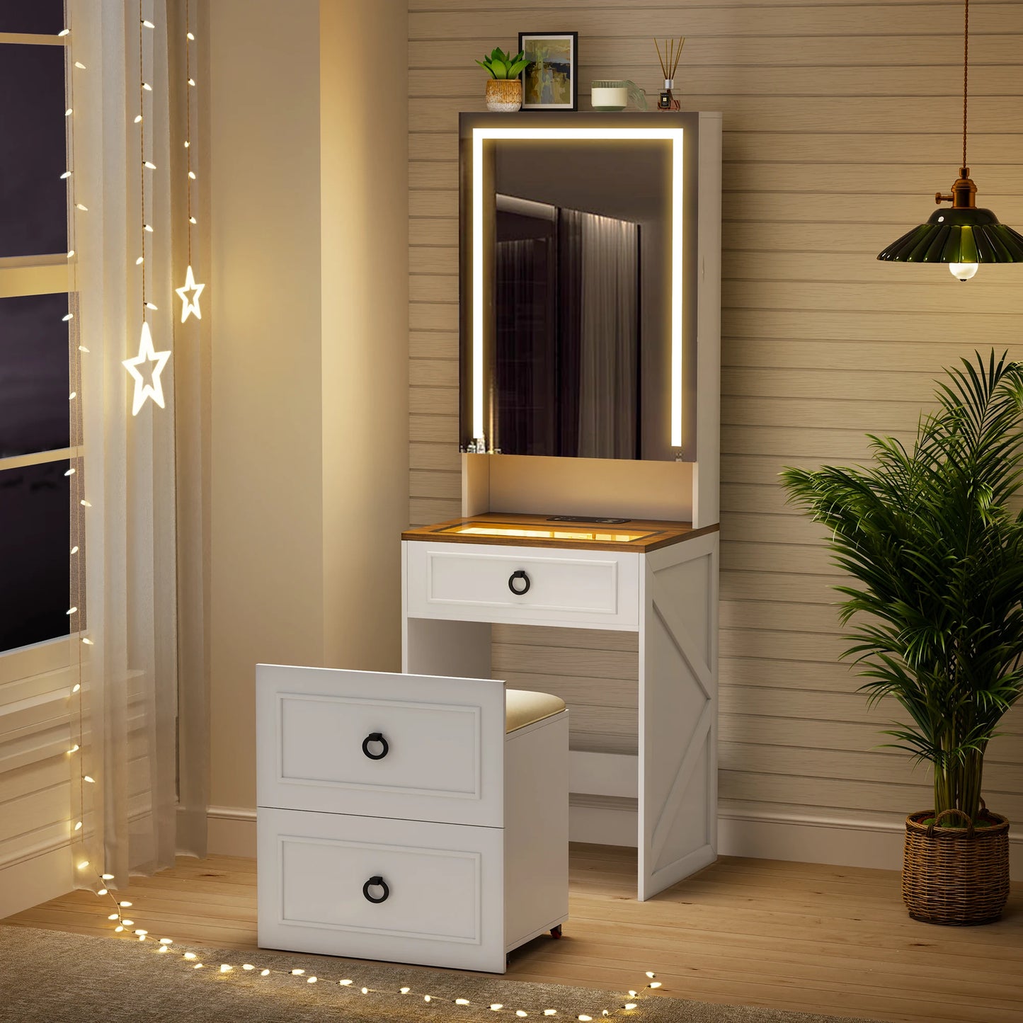 Small Compact Makeup Vanity Set with Hidden Storage Stool