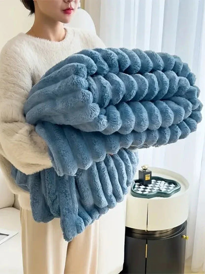 Solid color thickened wide striped multifunctional blanket