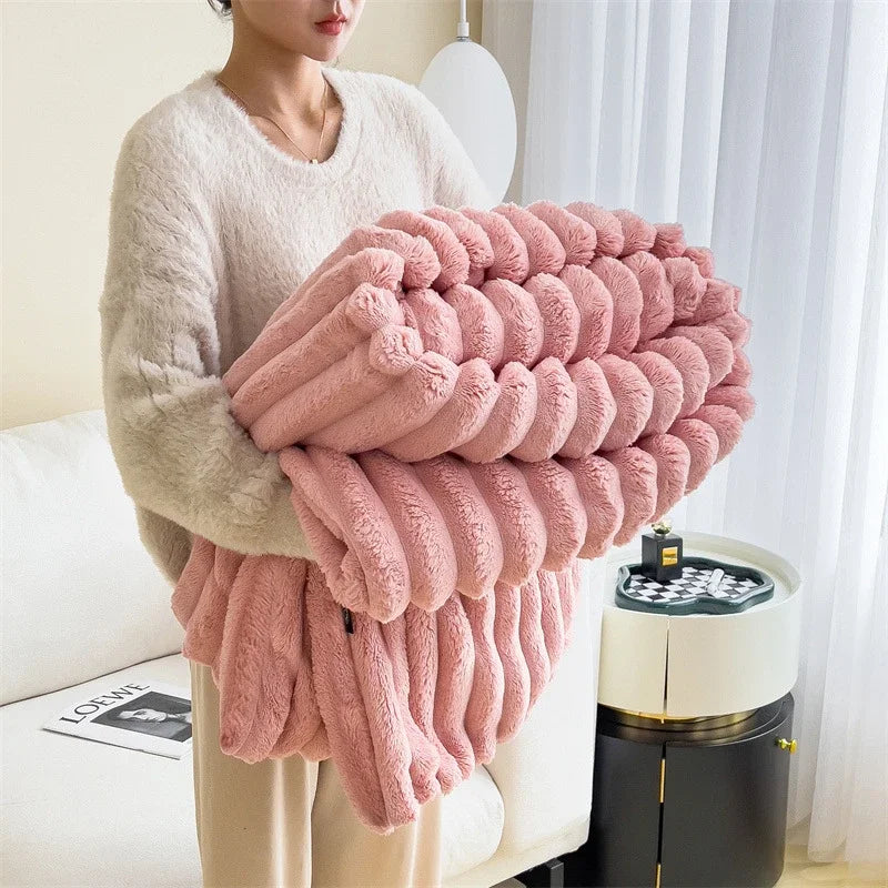 Solid color thickened wide striped multifunctional blanket