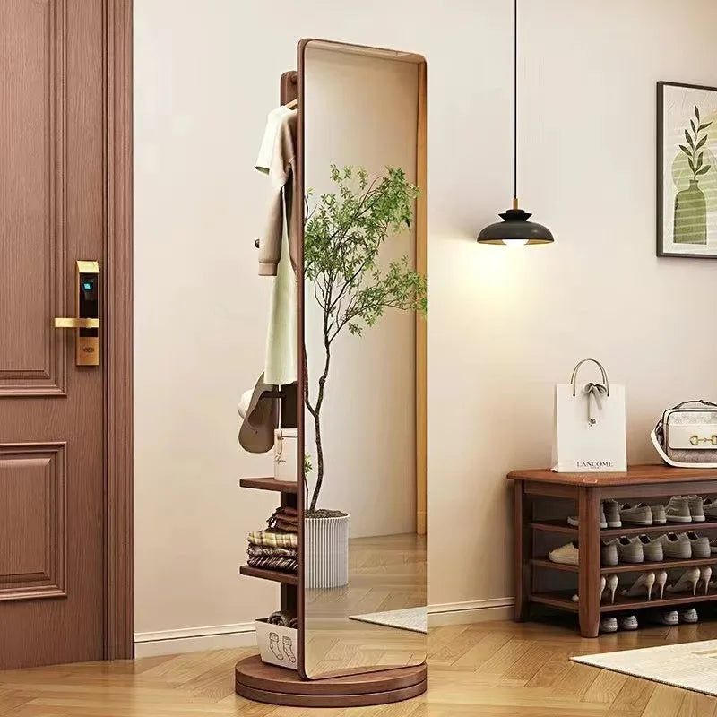Rotating Full Length Mirror with Coat Rack Hooks and Shelves