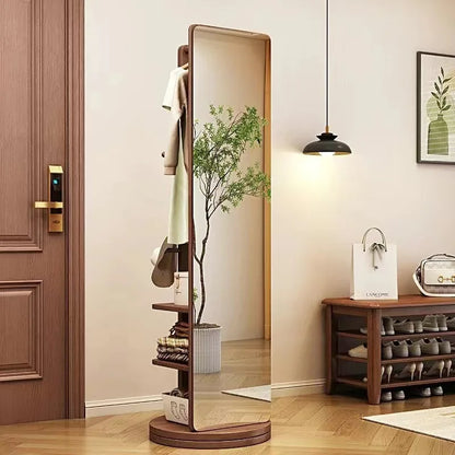 Rotating Full Length Mirror with Coat Rack Hooks and Shelves