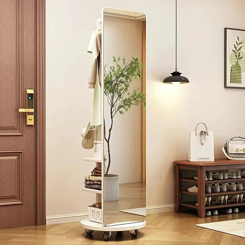 Rotating Full Length Mirror with Coat Rack Hooks and Shelves